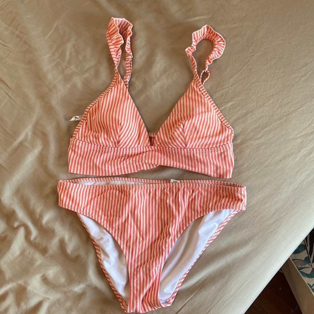 Aerie Coral Striped Bikini Bottoms Medium